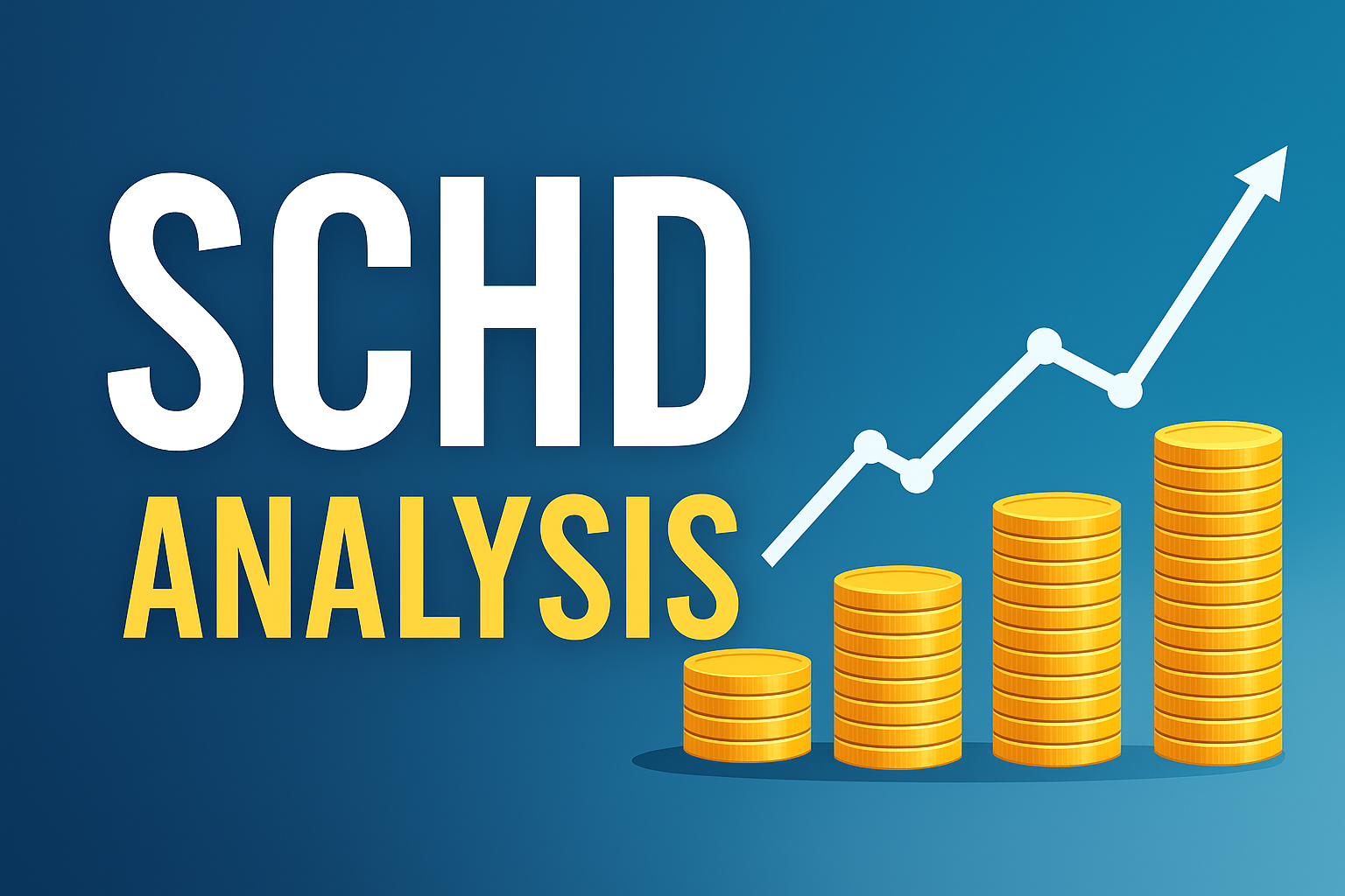 SCHD ANALYSIS 글자와 함께 쌓여가는 금화 더미, 그리고 상승하는 흰색 화살표가 그려진 투자 성장 콘셉트의 이미지