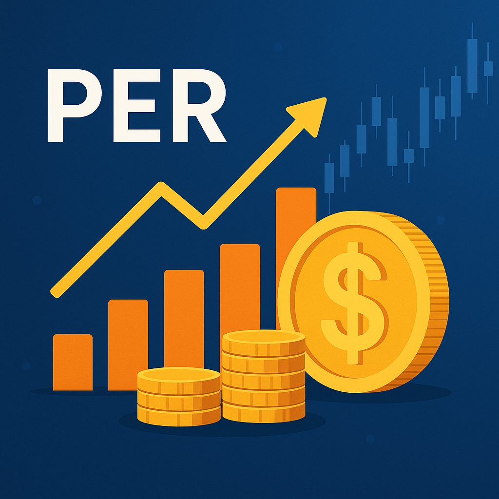 PER 텍스트와 함께 상승하는 막대그래프, 화살표, 금화 아이콘이 배치된 주식 가치평가 개념 일러스트 이미지