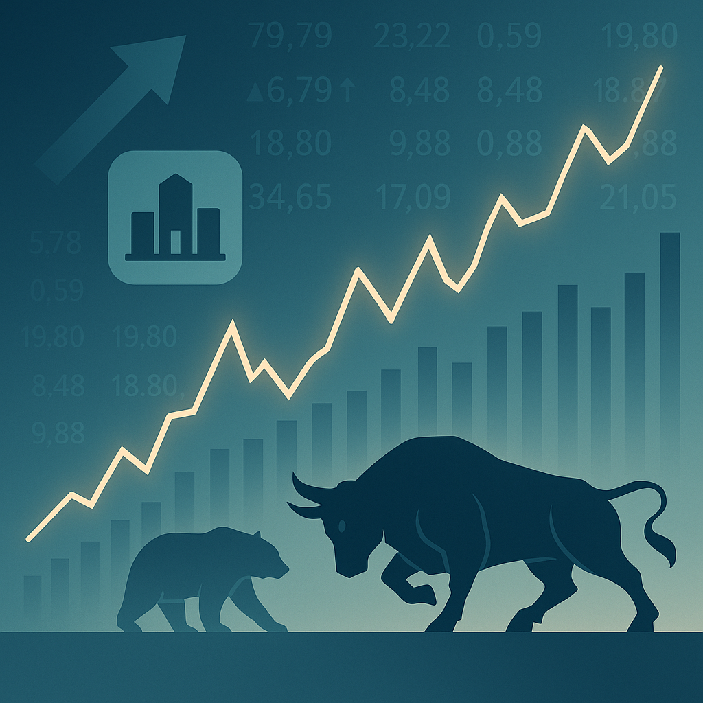 상승하는 주가 차트 배경 위에서 맞서는 곰과 황소 실루엣으로 표현된 주식시장 상승·하락 흐름 개념 일러스트