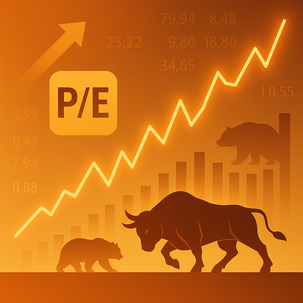 P/E 아이콘과 상승하는 주가 차트 배경 위에서 황소와 곰의 실루엣이 표현된 주식시장 밸류에이션 개념 일러스트