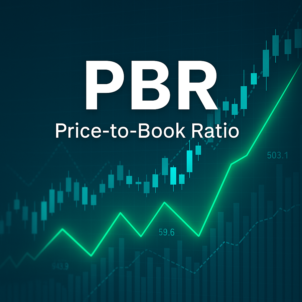 PBR 텍스트와 Price-to-Book Ratio 문구 위로 상승하는 캔들차트와 라인 그래프가 배경에 표시된 주식 가치평가 개념 일러스트