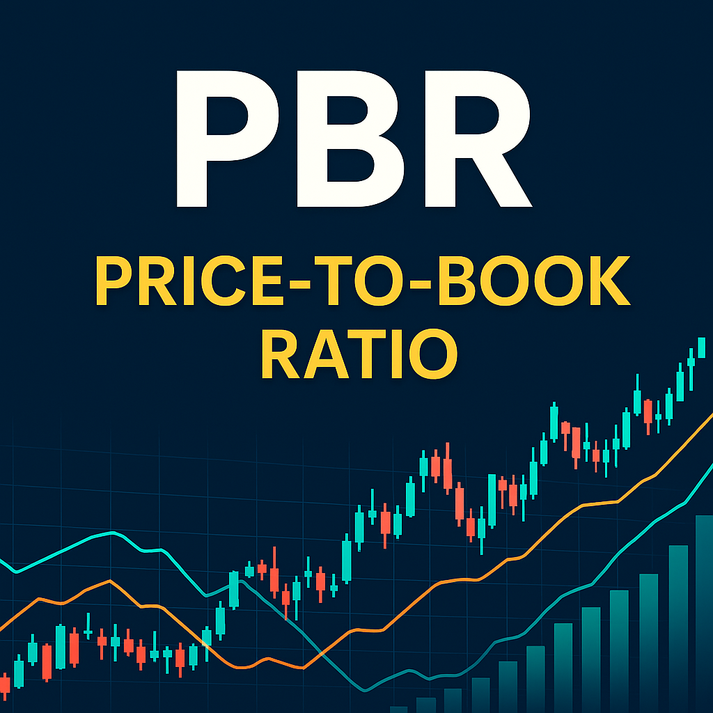 PBR 텍스트와 Price-to-Book Ratio 문구 아래에 상승하는 캔들차트와 보조지표 라인이 함께 표시된 주식 가치평가 개념 일러스트