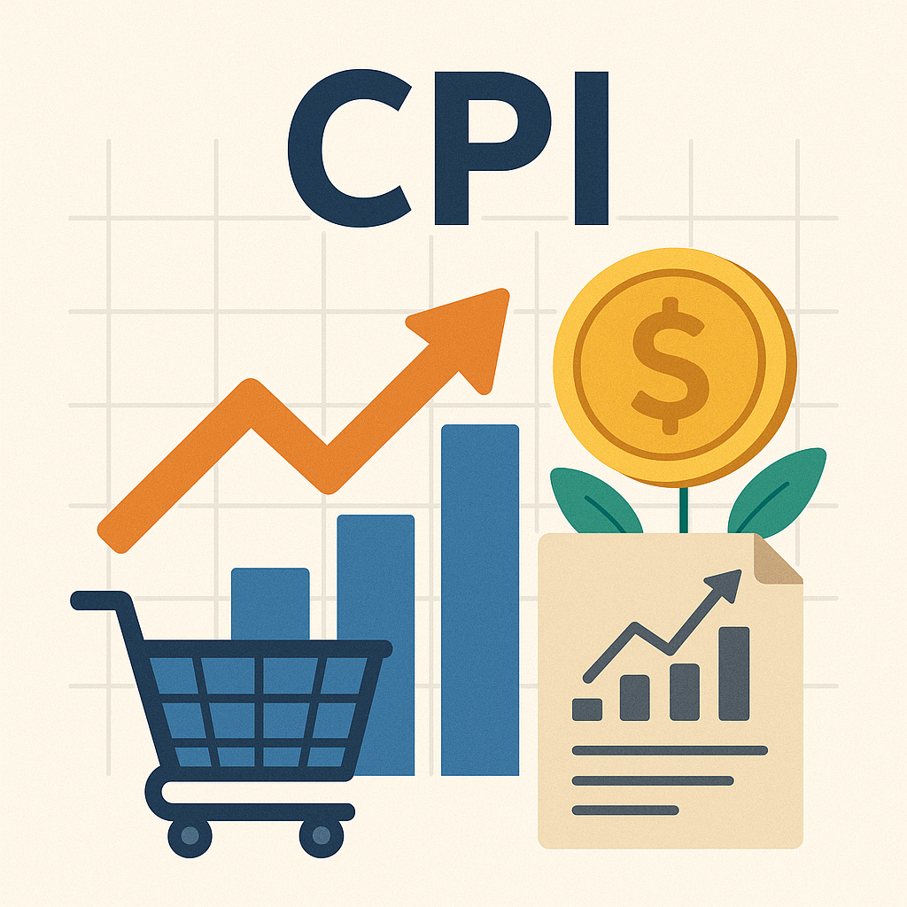 CPI를 나타내는 인플레이션 그래프, 쇼핑카트, 동전 아이콘이 포함된 소비자물가지수 개념 일러스트 이미지