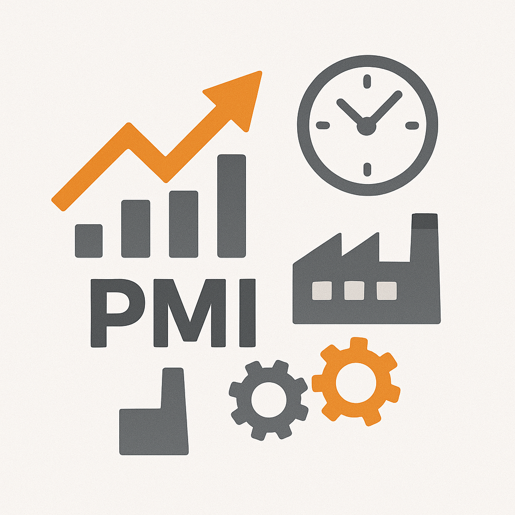 PMI를 나타내는 회색·주황·흰색 톤의 일러스트로, 상승 그래프, 공장 아이콘, 시계, 기어 등이 포함된 제조업 경기지수 개념 이미지