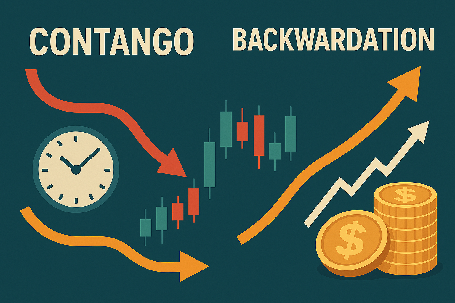 레버리지 ETF가 지수를 따라가지 못하는 이유를 보여주는 그래프, 하락·상승 화살표, 콘탱고와 백워데이션 개념을 시각화한 일러스트 썸네일 이미지