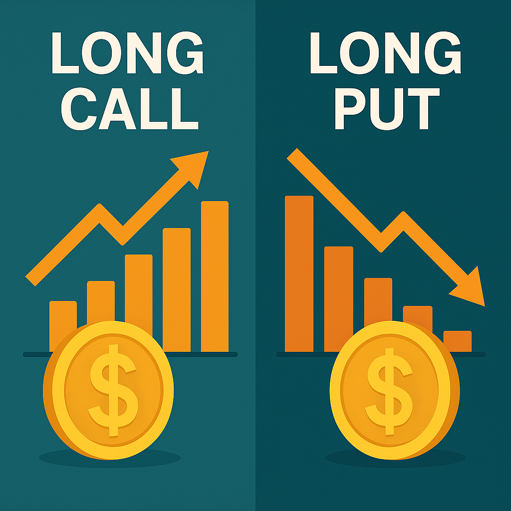 롱 콜 옵션의 상승 그래프와 롱 풋 옵션의 하락 그래프를 나란히 배치해 비교한 옵션 투자 개념 일러스트 이미지
