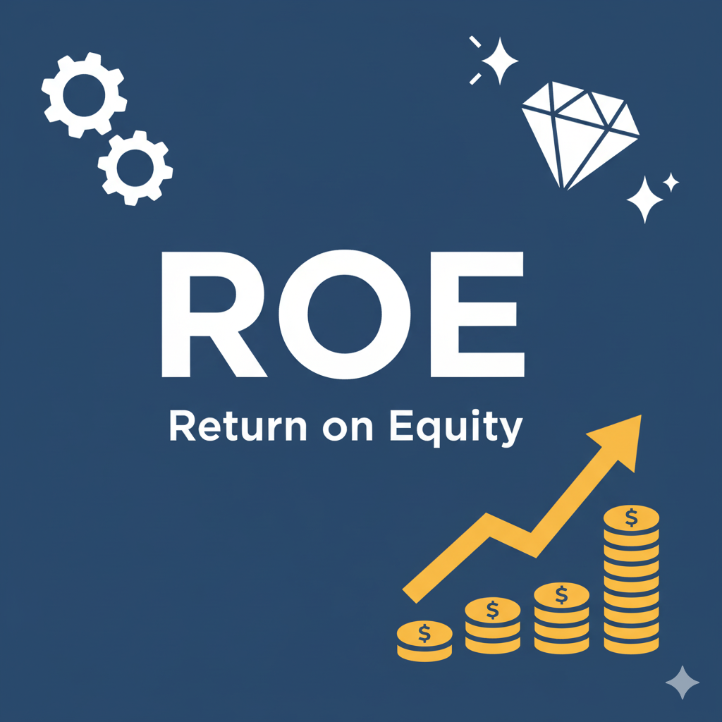 ROE (Return on Equity)를 상징하는 블로그 썸네일. 'ROE' 텍스트와 함께 돈이 쌓여가는 성장 그래프, 가치를 의미하는 다이아몬드 아이콘, 그리고 효율성을 나타내는 톱니바퀴 아이콘이 배치되어 있습니다. 금융 지표의 핵심 개념을 시각적으로 강조하는 디자인입니다.