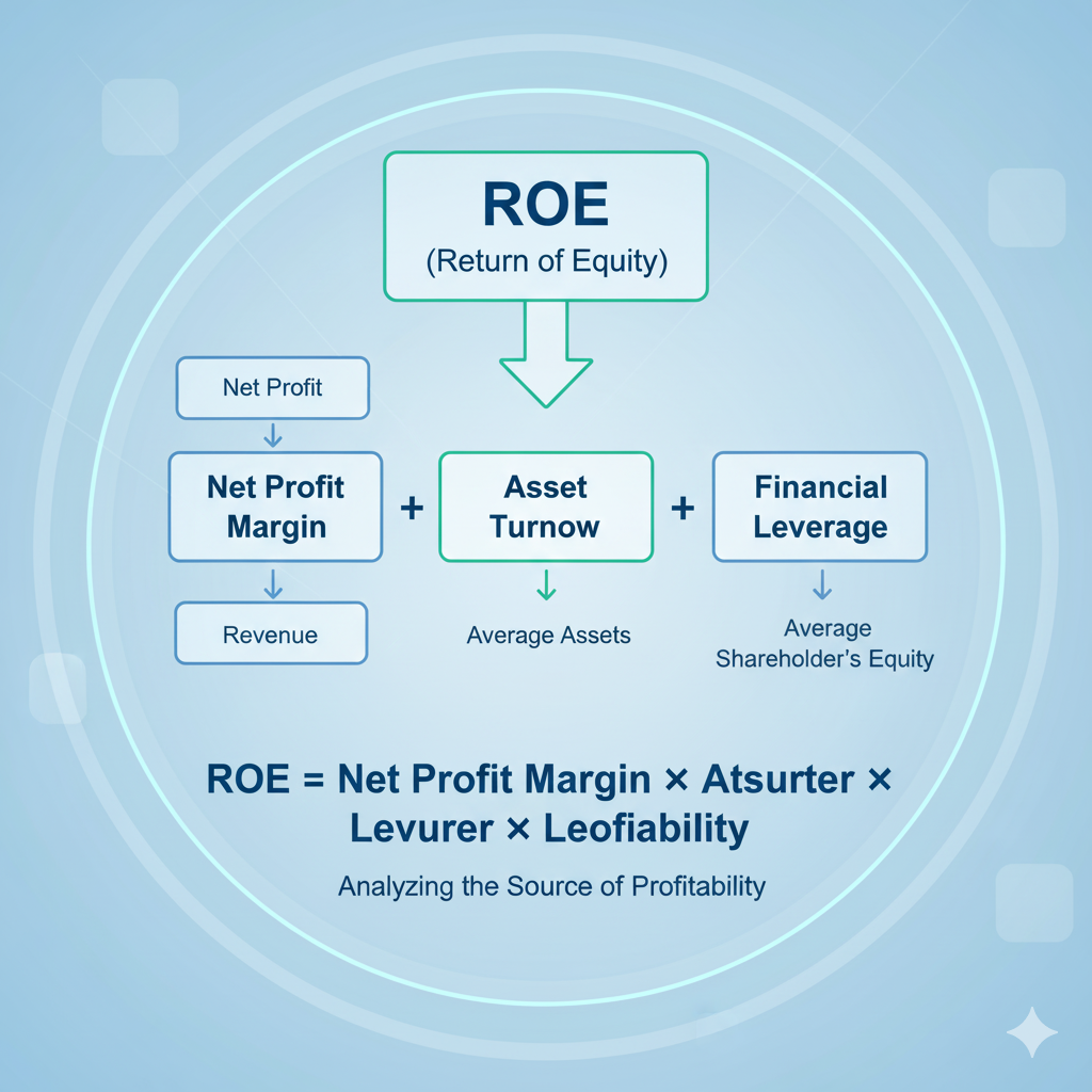 ROE 듀폰 분석 다이어그램. ROE가 순이익률, 총자산회전율, 재무 레버리지의 세 가지 요소로 분해되는 과정을 명확히 보여주는 흐름도입니다. 기업 수익성의 근원을 분석하는 데 사용됩니다.