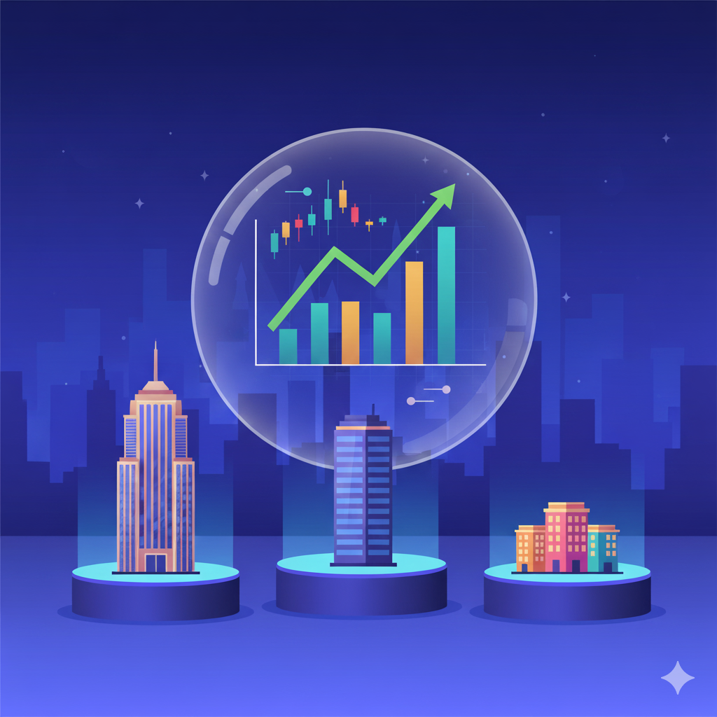 상승하는 막대그래프와 캔들차트가 담긴 투명 구체가 여러 건물 위에 떠 있는 모습의 경제 지표 상승 개념 일러스트