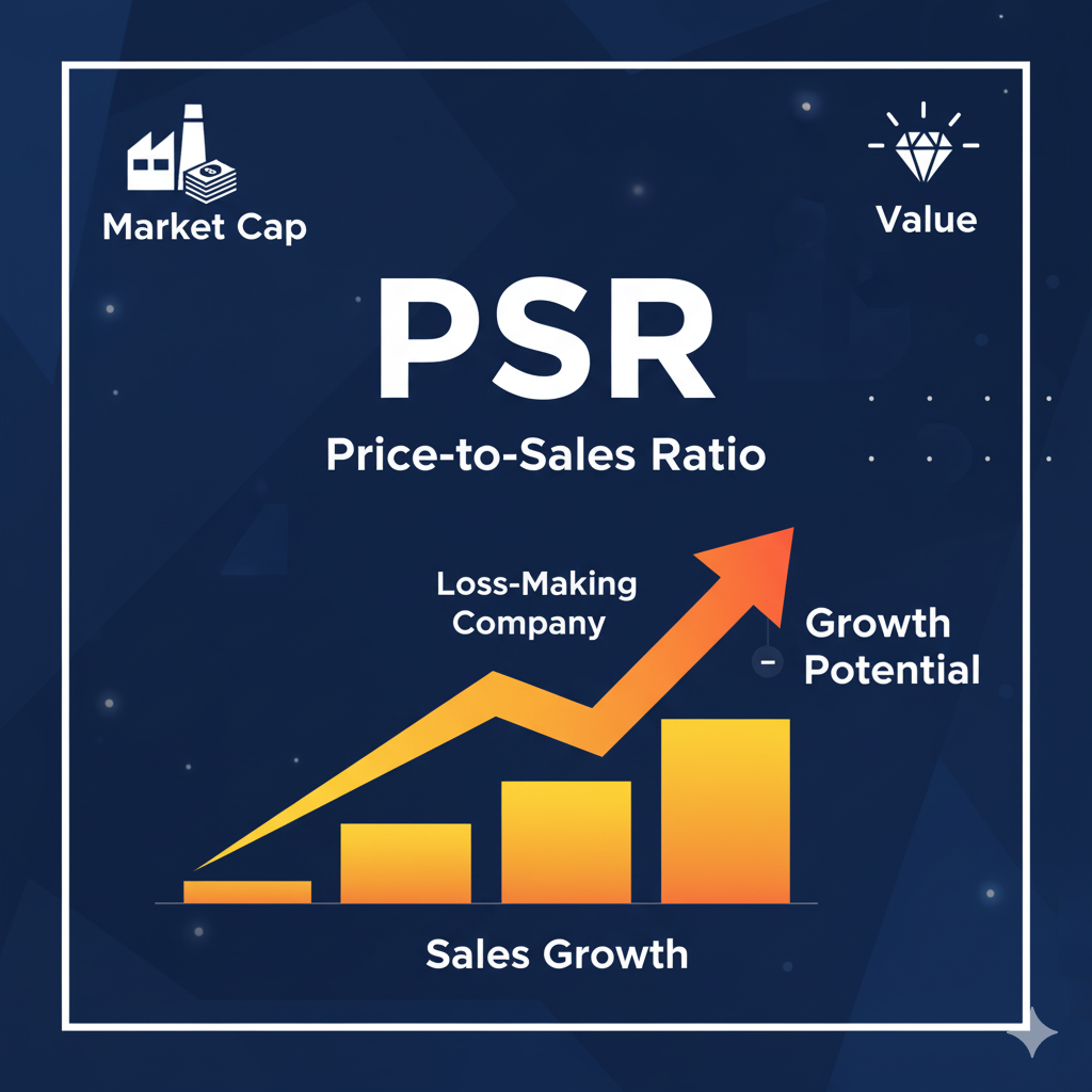 PSR(주가매출액비율)을 상징하는 블로그 썸네일. 'PSR' 텍스트와 함께 매출액(Sales)을 나타내는 상승 그래프, 기업의 성장 잠재력을 보여주는 화살표 아이콘, 그리고 적자 상태에서도 가치를 평가할 수 있음을 나타내는 아이콘들이 결합된 디자인입니다.