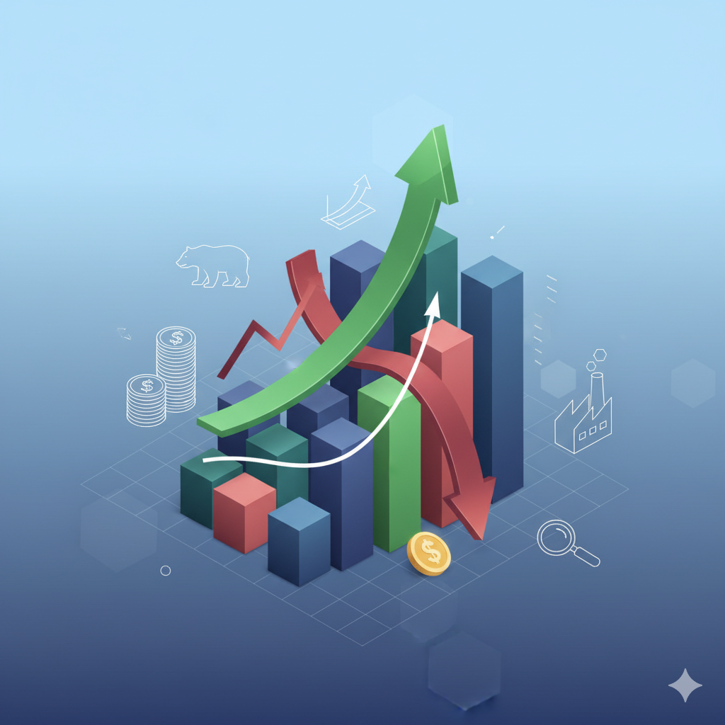 텍스트 없이 주식 시장의 상승과 하락을 추상적으로 표현한 그래픽 이미지. 다양한 색상의 막대 그래프와 화살표가 역동적인 흐름을 나타내며, 주식 투자의 변동성을 시각적으로 상징합니다.