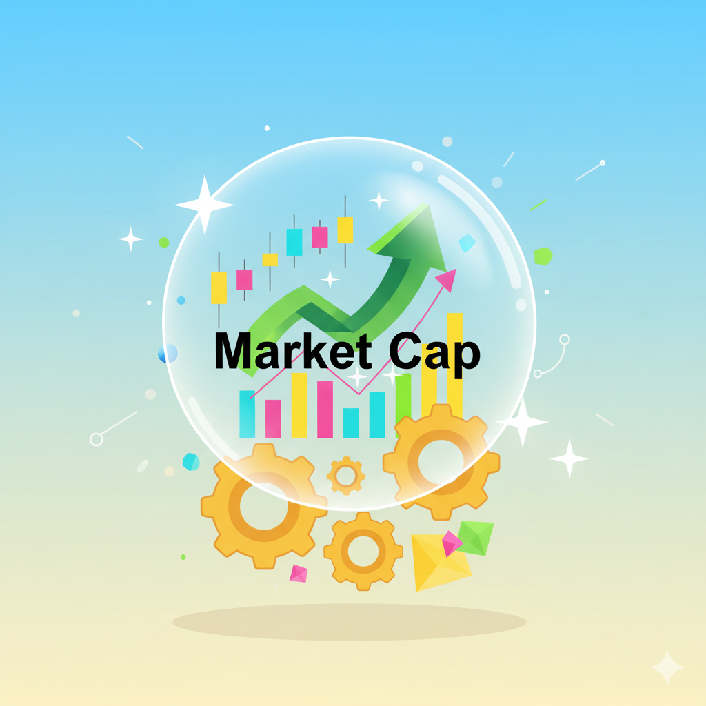 상승하는 그래프와 캔들차트가 담긴 투명 구체와 기어 아이콘이 함께 배치된 Market Cap 개념 일러스트 이미지