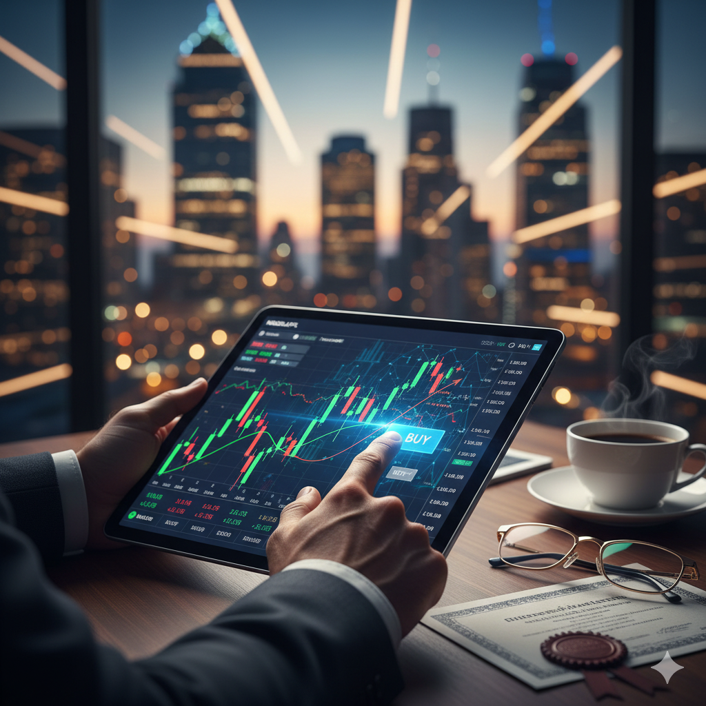 저녁 도시의 스카이라인이 보이는 고층 사무실에서 한 개인이 태블릿으로 주식 시장을 거래하는 모습. 화면에는 녹색과 빨간색 캔들스틱 차트가 표시되어 있고, 사용자의 손가락이 'BUY' 버튼을 누르려 하고 있습니다. 책상 위에는 증명서, 안경, 그리고 커피 한 잔이 놓여 있습니다.