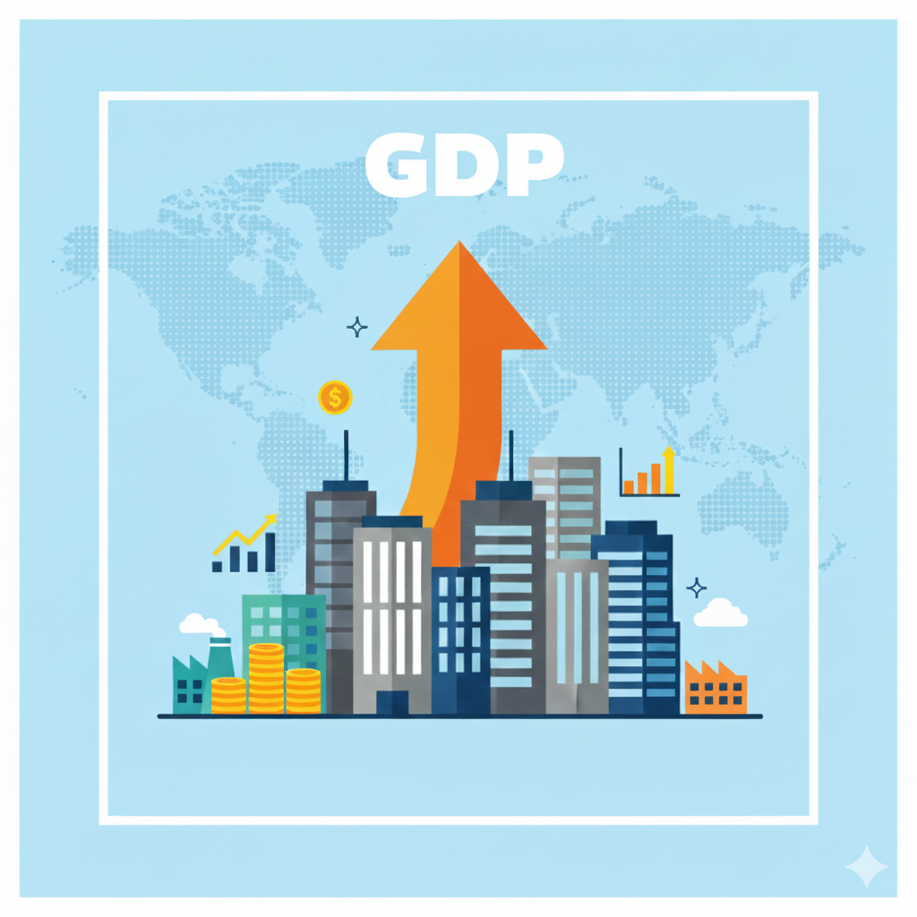 경제 성장을 상징하는 그래픽 이미지에 'GDP' 텍스트가 추가된 썸네일. 주황색 상승 화살표와 건물들, 그리고 세계 지도 배경 위에 GDP라는 글자가 명확하게 표시되어 있습니다.
