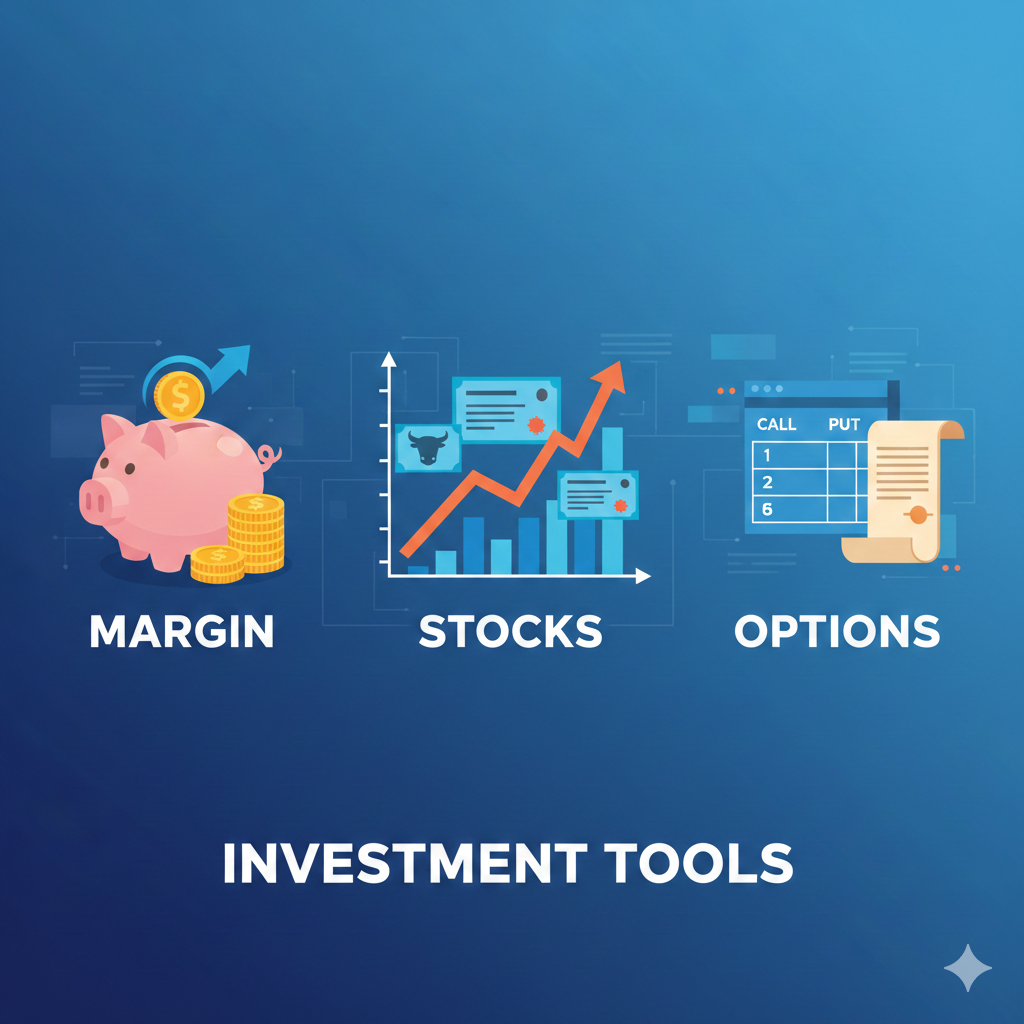 마진 거래를 상징하는 상승 그래프, 달러 코인, 경고 아이콘, 증거금 문서를 조합해 표현한 금융 개념 일러스트 이미지