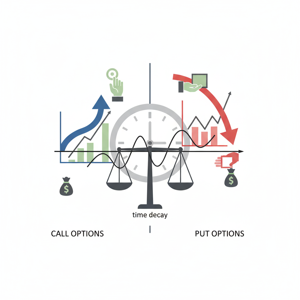 주식 시장의 콜 옵션과 풋 옵션의 개념을 시각화한 이미지입니다. 중앙에 저울과 시계가 놓여 있으며, 시계 아래에는 'time decay'라는 텍스트가 있습니다. 왼쪽에는 콜 옵션을 나타내는 상승하는 파란색 화살표와 녹색 막대 차트, 상승하는 주가 그래프, 돈주머니, 그리고 손이 위로 향하는 아이콘이 있습니다. 오른쪽에는 풋 옵션을 나타내는 하락하는 빨간색 화살표와 붉은색 막대 차트, 하락하는 주가 그래프, 돈주머니, 그리고 손이 아래로 향하는 아이콘이 있습니다. 하단에는 'CALL OPTIONS'와 'PUT OPTIONS'라는 텍스트가 각각의 섹션 아래에 배치되어 있습니다.