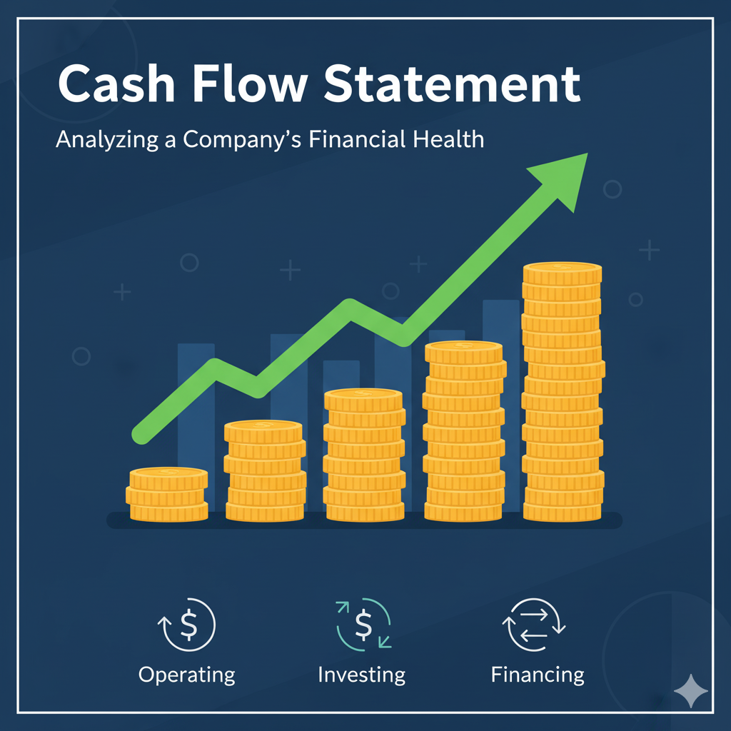 'Cash Flow Statement'를 상징하는 이미지. 돈과 화살표로 현금의 유입과 유출을 표현하며, 기업의 재무 상태를 나타내는 녹색 화살표와 긍정적인 그래프가 핵심 메시지를 전달합니다.