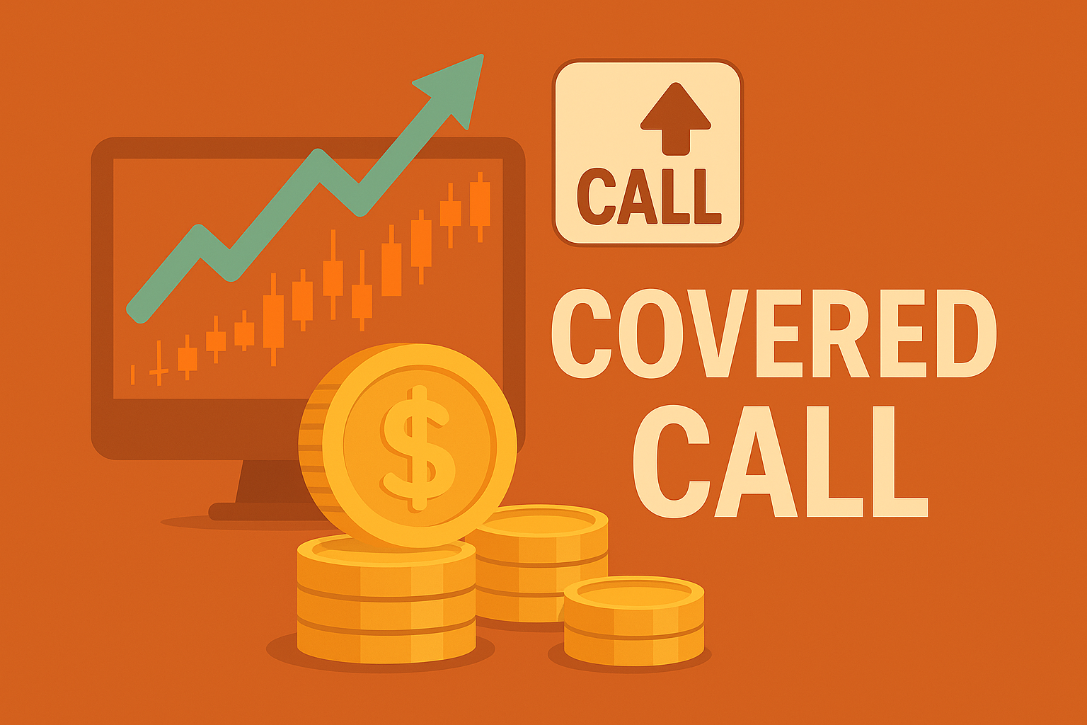 커버드콜 전략을 표현한 금융 일러스트로, 상승 차트가 표시된 모니터, CALL 아이콘, 금화 더미, 그래프 요소가 함께 배치된 썸네일 이미지