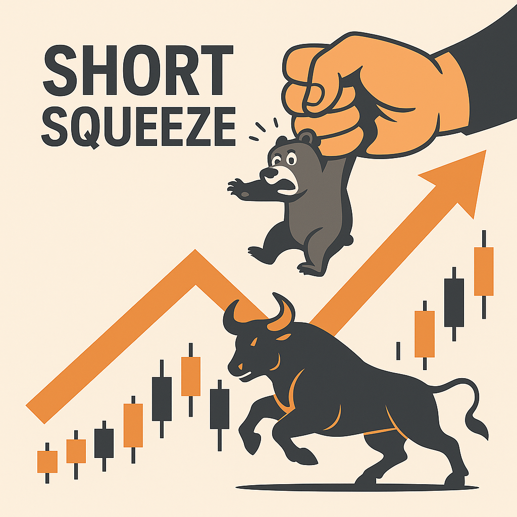 상승하는 주가 흐름 속에서 곰이 손에 잡혀 위로 들려 있고, 아래에서는 황소가 돌진하는 모습으로 숏 스퀴즈 상황을 시각적으로 표현한 일러스트 이미지