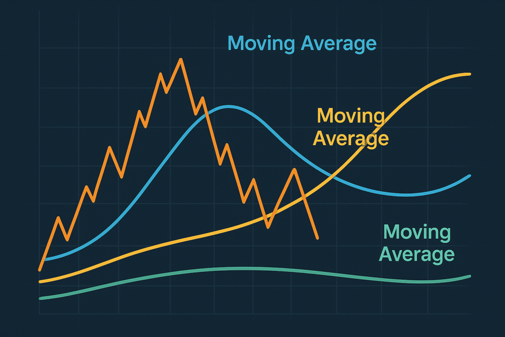 여러 기간의 이동평균선을 나타내는 차트 위로 가격선이 함께 표시된 금융 차트 일러스트. 단기·중기·장기 이동평균선이 서로 교차하며 추세 변화를 보여주는 모습
