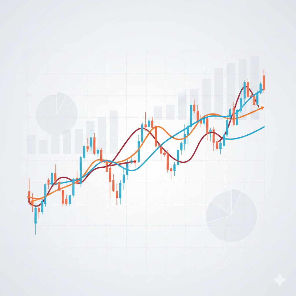 주식 기술적 분석 지표인 이동평균선(Moving Average) 차트 이미지. 캔들 차트 위에 서로 다른 주기를 가진 여러 개의 곡선(5일선, 20일선, 60일선 등)이 겹쳐져 있는 모습이 시각화되어 있습니다. 이는 추세 분석, 지지선 및 저항선, 골든 크로스/데드 크로스와 같은 주식 차트 분석 및 기술적 매매 전략을 설명하는 콘텐츠에 최적화된 자료입니다.