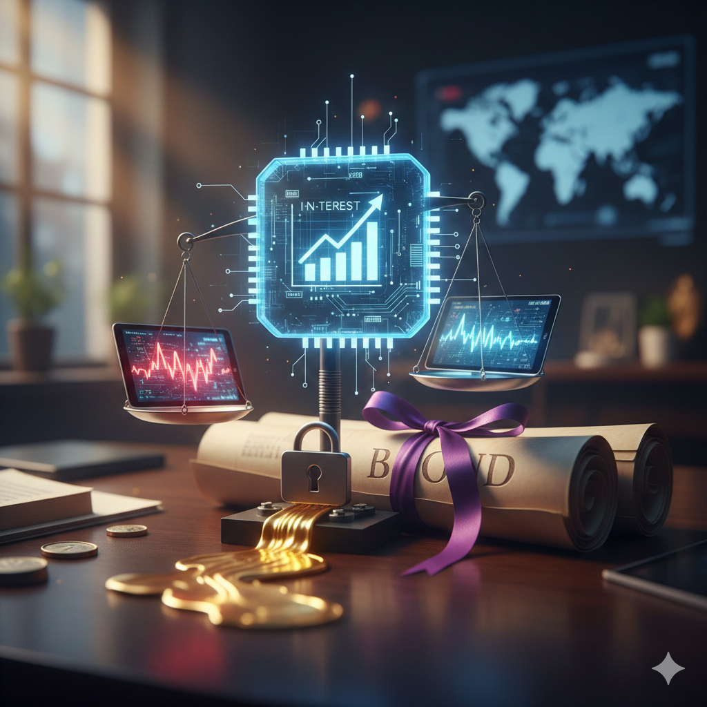 채권 투자의 안정성과 수익성을 상징하는 이미지. 중앙에는 'INTEREST'와 성장 그래프가 표시된 디지털 저울이 있으며, 한쪽 저울에는 주식 시장의 변동성을 나타내는 그래프가, 다른 한쪽에는 안전한 자산인 채권(BOND) 문서가 보라색 리본으로 묶여 균형을 이루고 있다. 테이블 위에는 녹아내리는 듯한 황금색 자물쇠와 동전이 놓여 있어 리스크 관리와 이자 수익을 시각적으로 표현한다. 포트폴리오의 안정적인 균형을 상징하는 투자 관련 이미지.