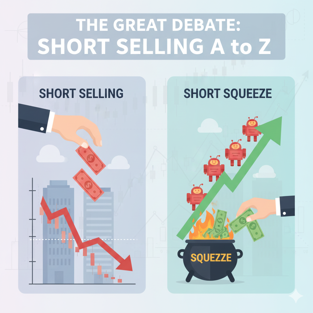 주식 공매도(Short Selling) 및 마진콜 위험을 시각화한 금융 인포그래픽. 파스텔 톤의 배경 위로 'SHORT SELLING' 또는 'RISK'를 강조하는 극적인 하락 추세 그래프가 중앙에 배치되어 있으며, 강제 청산을 상징하는 아이콘(예: 터지는 풍선 또는 급락)이 포함되어 있습니다. 이는 공매도 원리, 무한 손실 위험, 숏 스퀴즈 같은 주식 투자 심화 개념을 다루는 콘텐츠에 최적화된 시각 자료입니다.